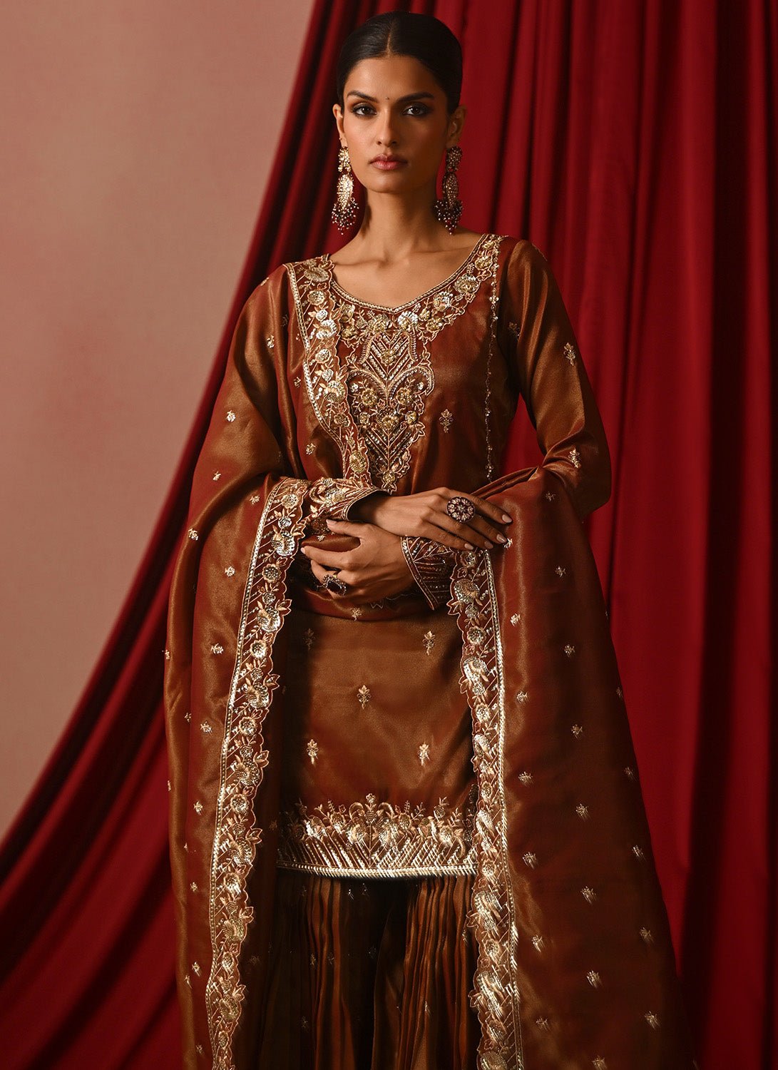 Dark Rust Embroidered Tissue Gharara - Lashkaraa