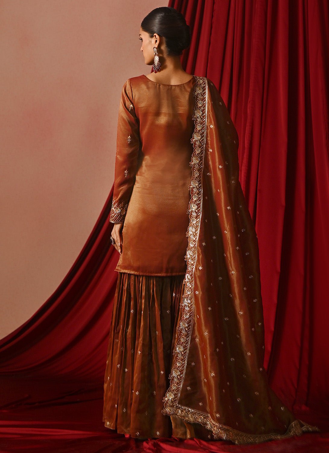 Dark Rust Embroidered Tissue Gharara - Lashkaraa