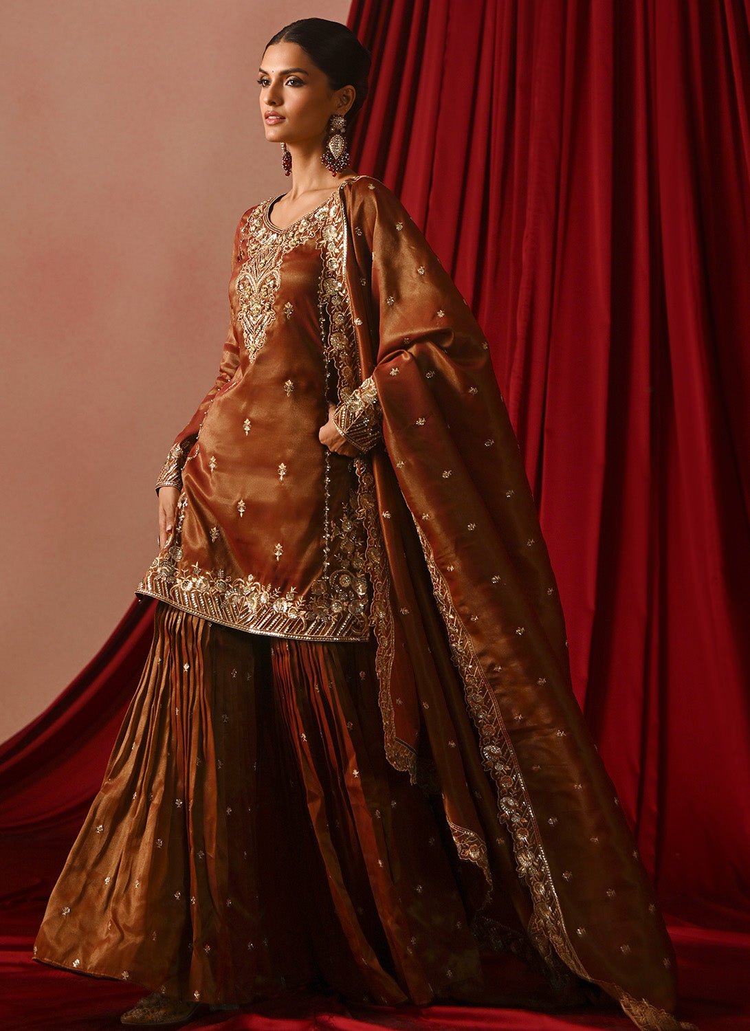 Dark Rust Embroidered Tissue Gharara - Lashkaraa