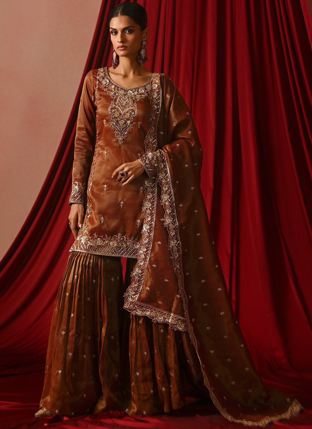 Dark Rust Embroidered Tissue Gharara - Lashkaraa