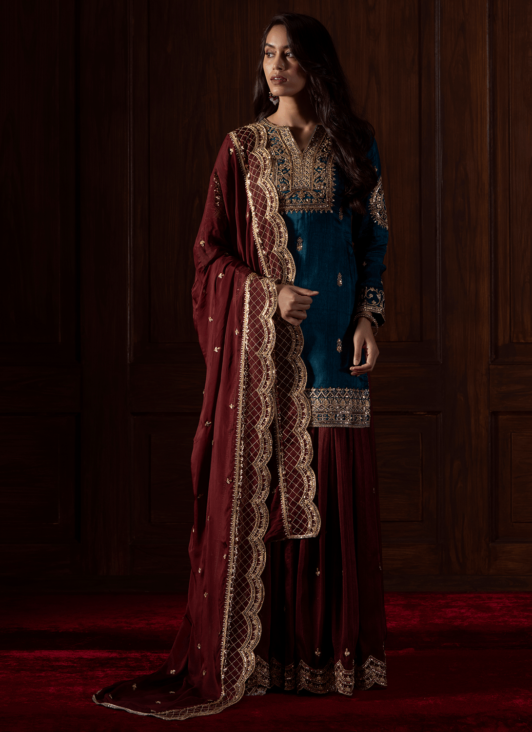 silk sharara dress Dark Teal and Plum Embroidered Silk Sharara
