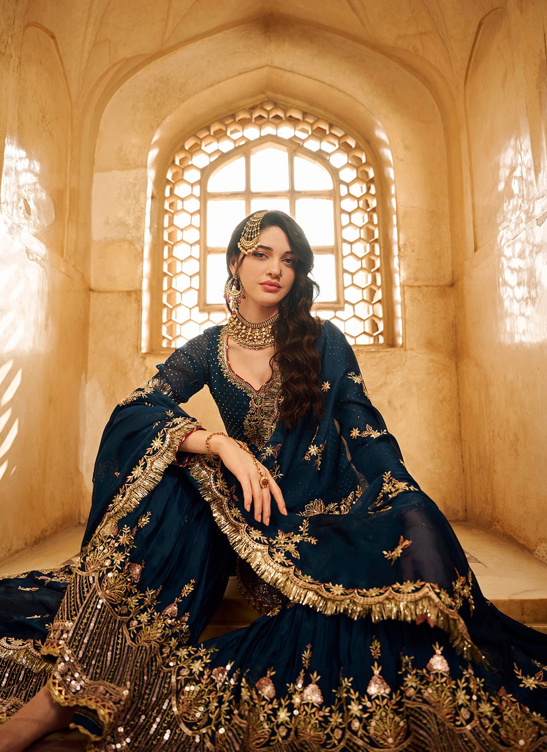 Dark Teal Embroidered Satin Gharara - Lashkaraa
