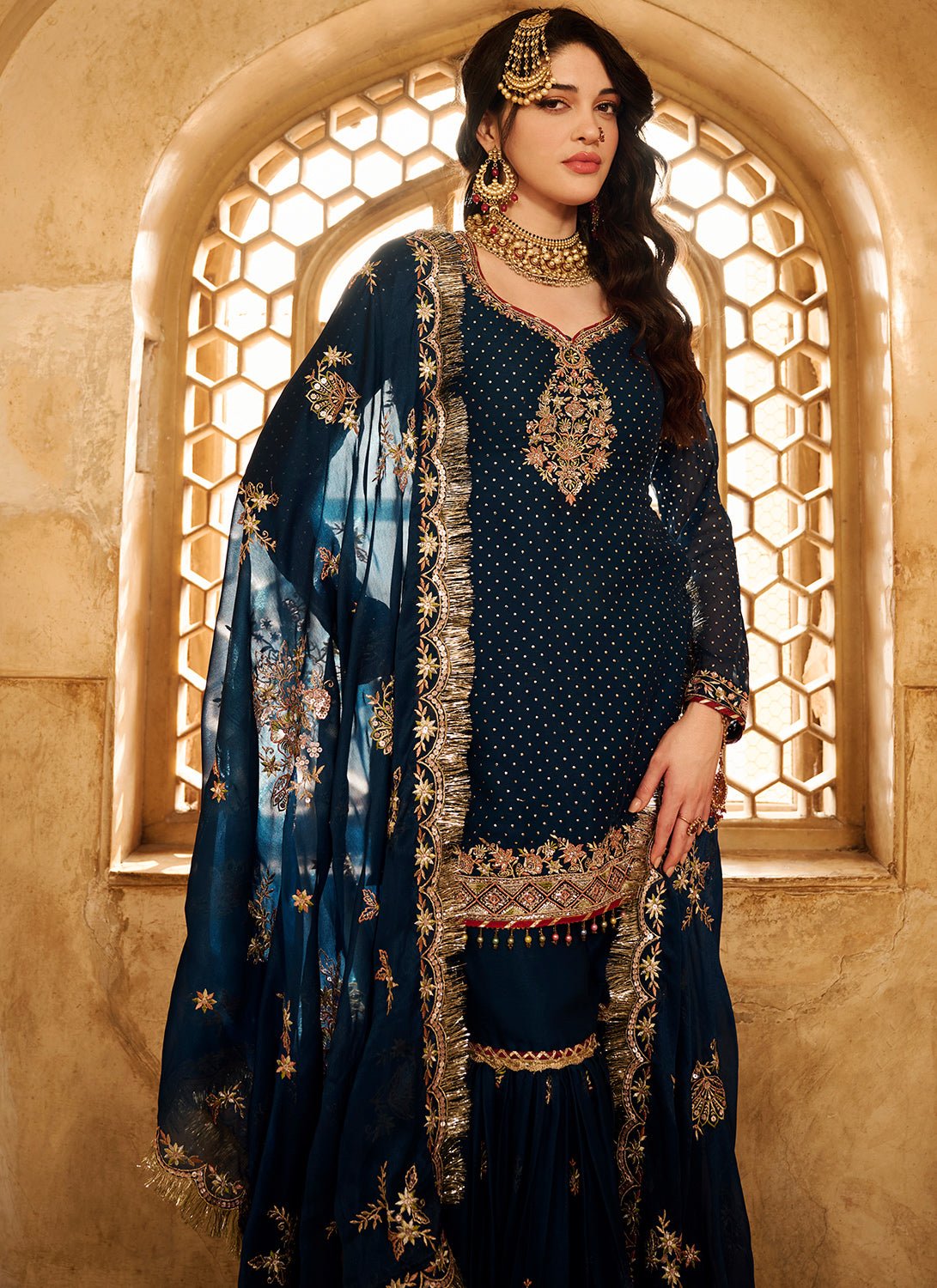 Dark Teal Embroidered Satin Gharara - Lashkaraa