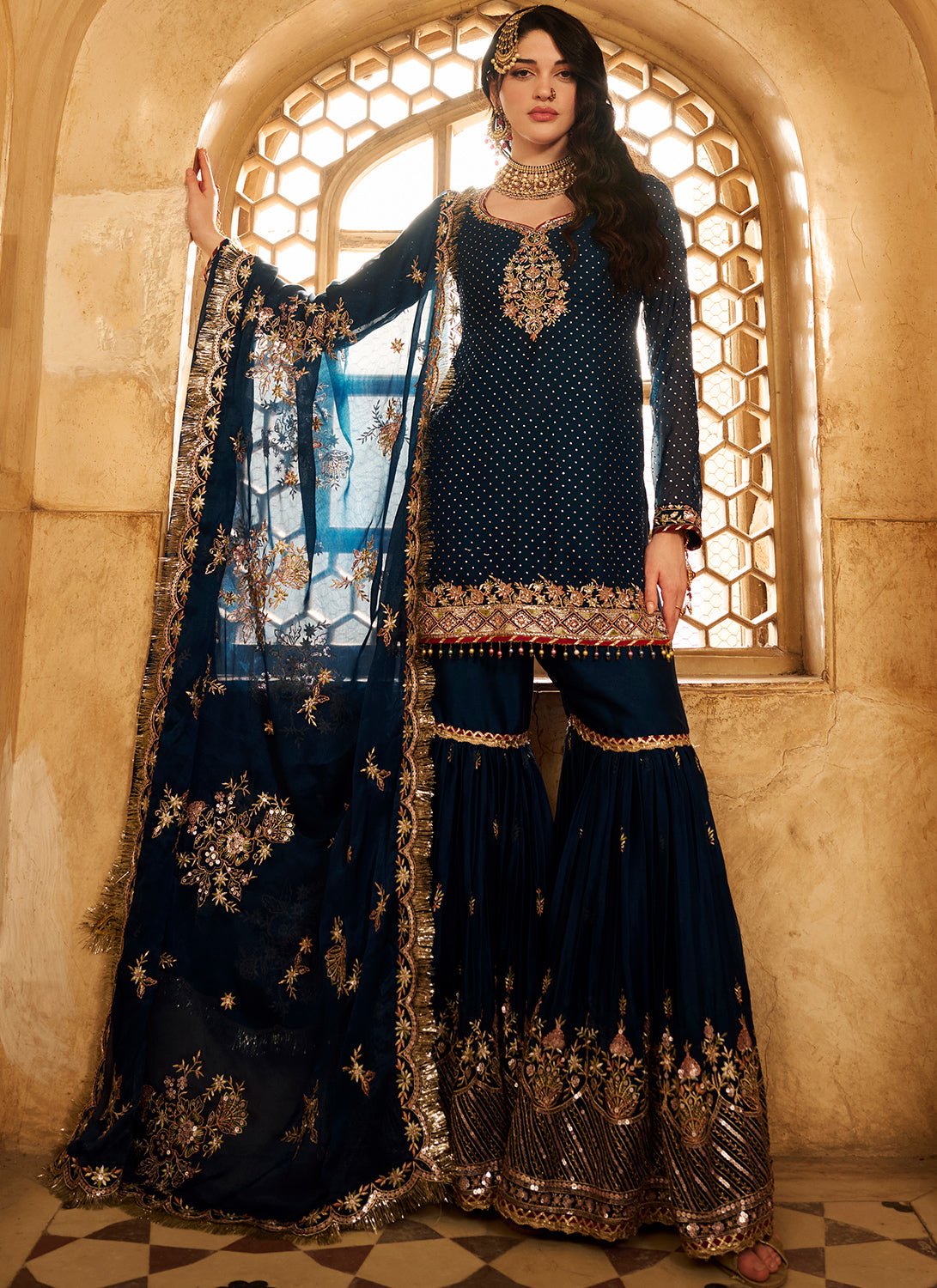 Dark Teal Embroidered Satin Gharara - Lashkaraa