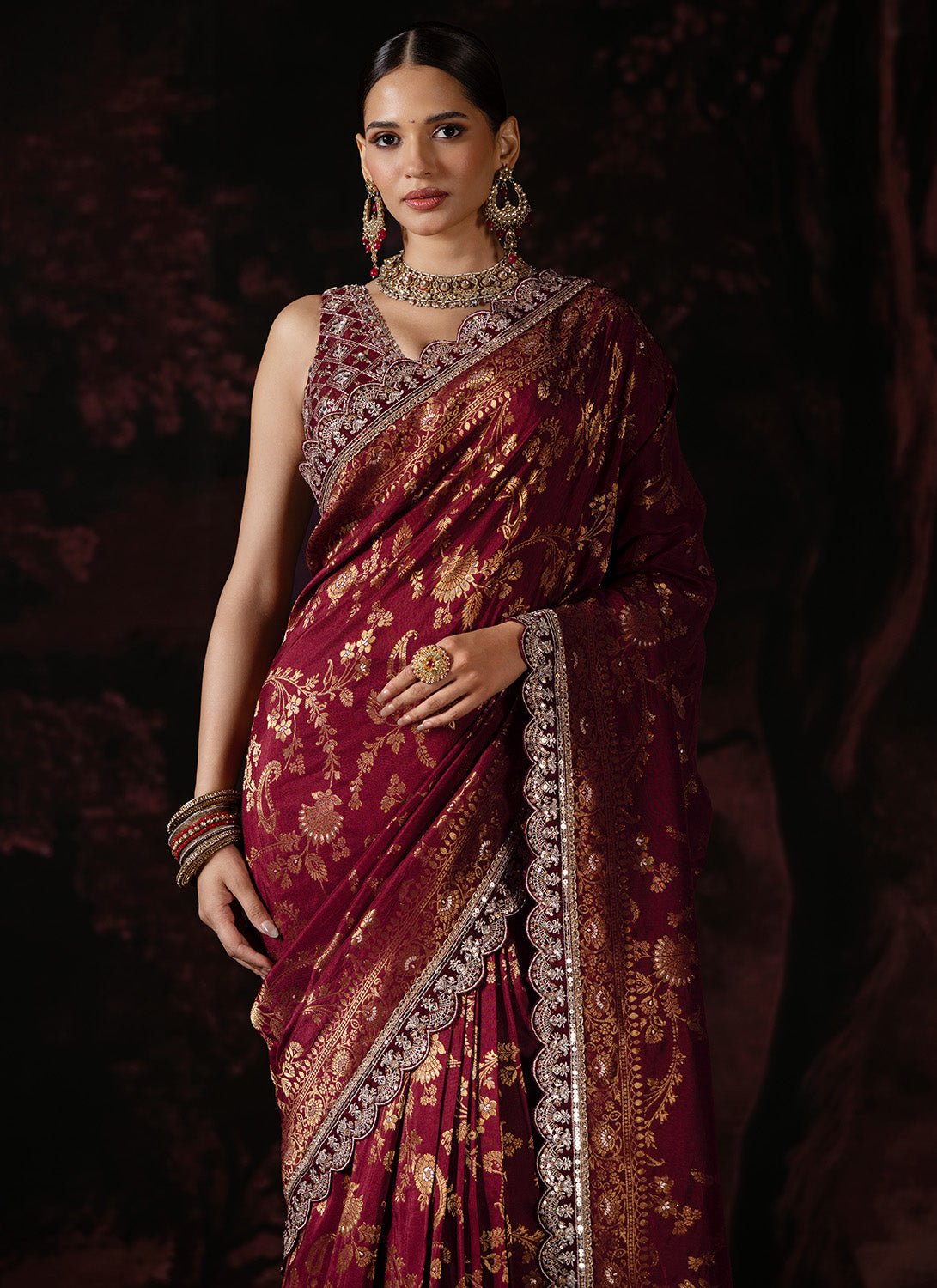 Deep Burgundy Embroidered Silk Saree - Lashkaraa