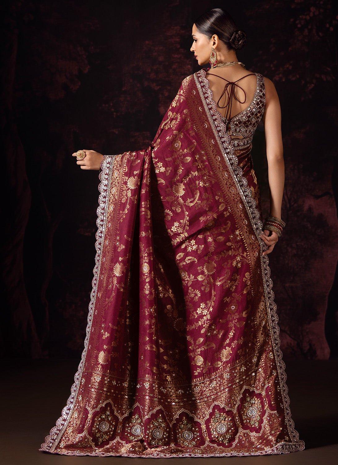 Deep Burgundy Embroidered Silk Saree - Lashkaraa