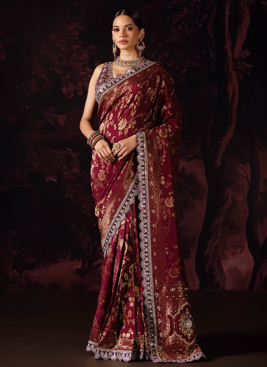 Deep Burgundy Embroidered Silk Saree - Lashkaraa