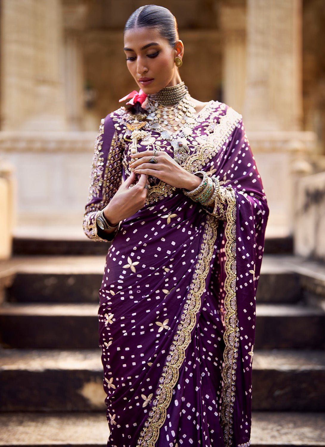 Deep Purple Embroidered Pure Bandhani Saree - Lashkaraa