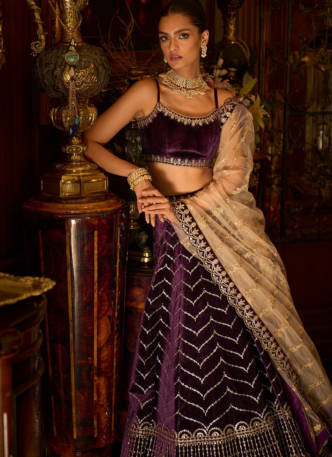 Deep Purple Embroidered Velvet Lehenga - Lashkaraa