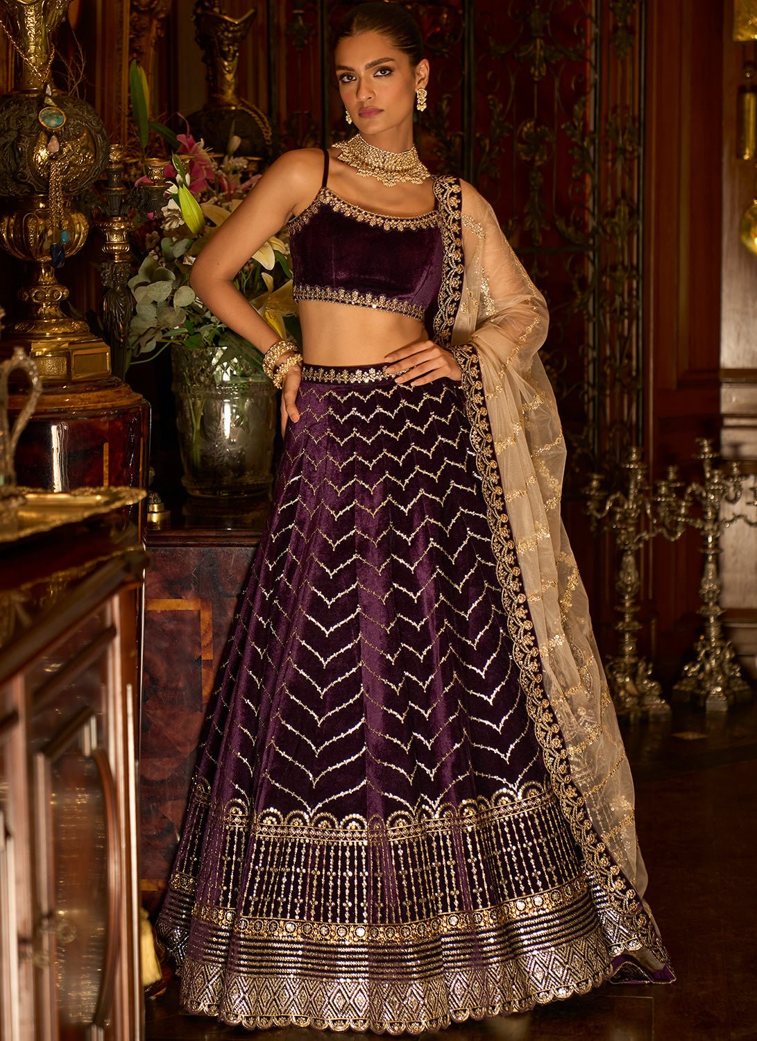 Deep Purple Embroidered Velvet Lehenga - Lashkaraa