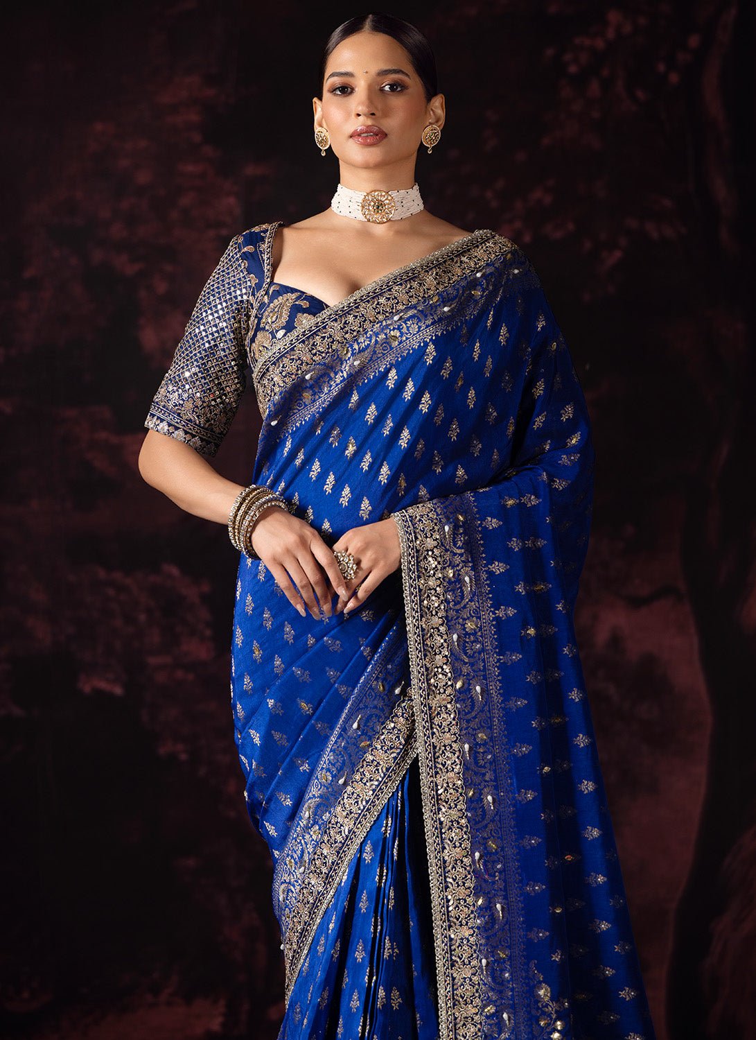 Deep Royal Blue Embroidered Silk Saree - Lashkaraa