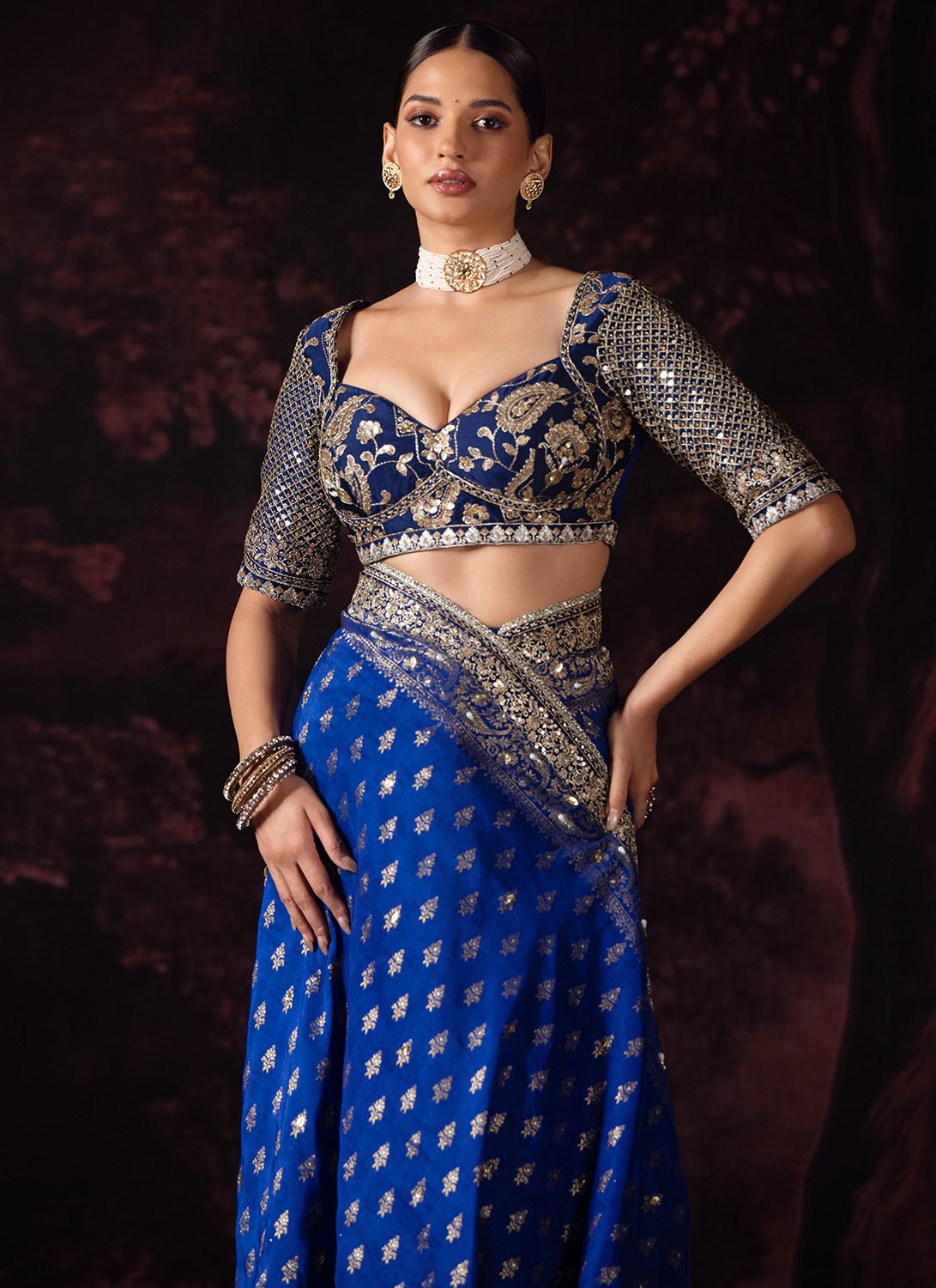 Deep Royal Blue Embroidered Silk Saree - Lashkaraa
