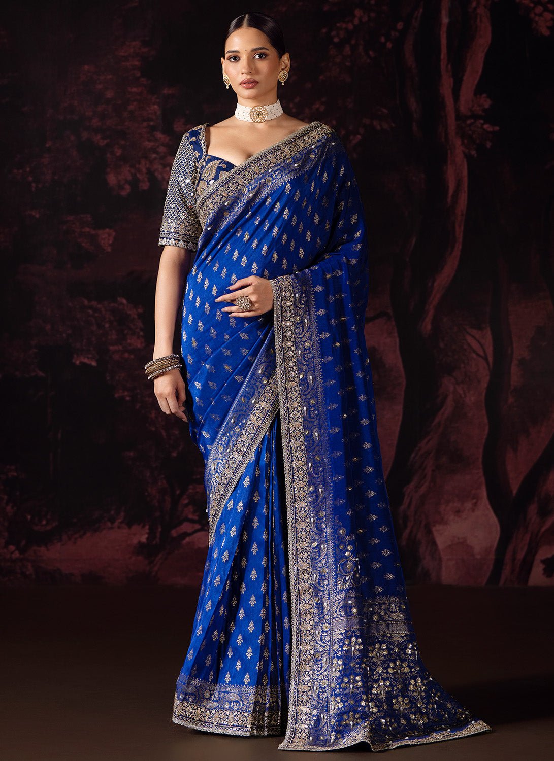Deep Royal Blue Embroidered Silk Saree - Lashkaraa