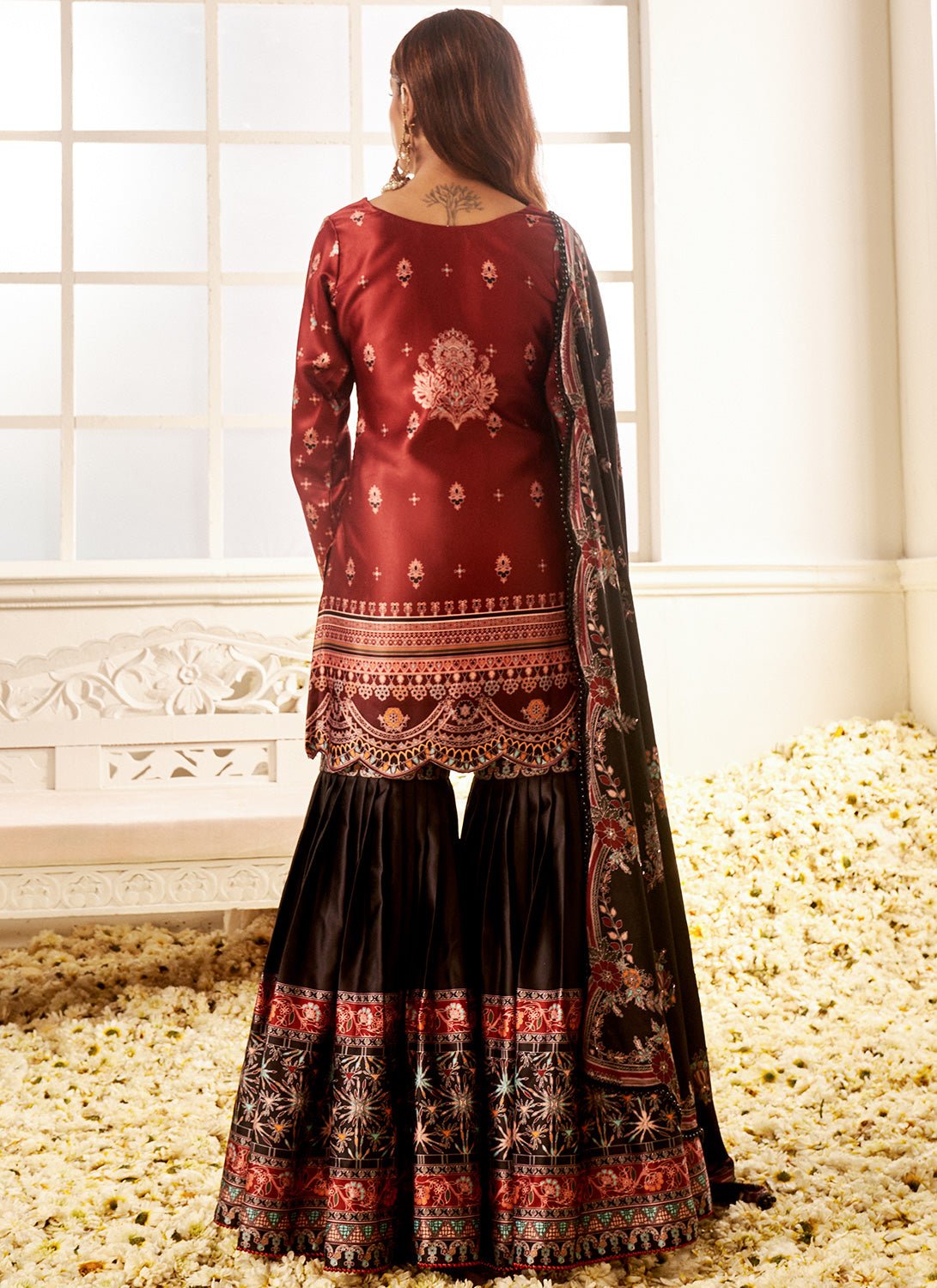 Deep Rust and Black Floral Printed Gharara Suit - Lashkaraa