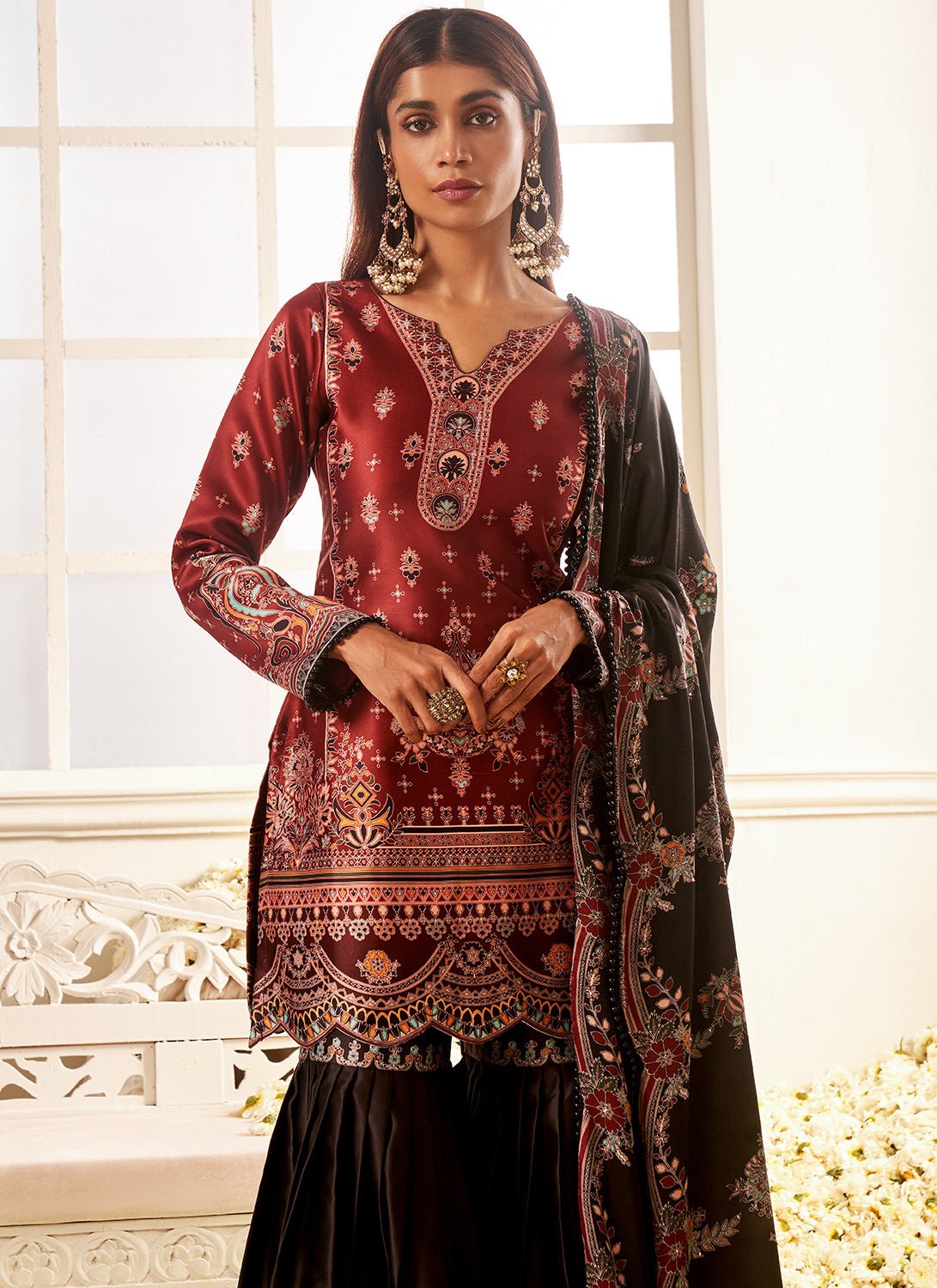 Deep Rust and Black Floral Printed Gharara Suit - Lashkaraa