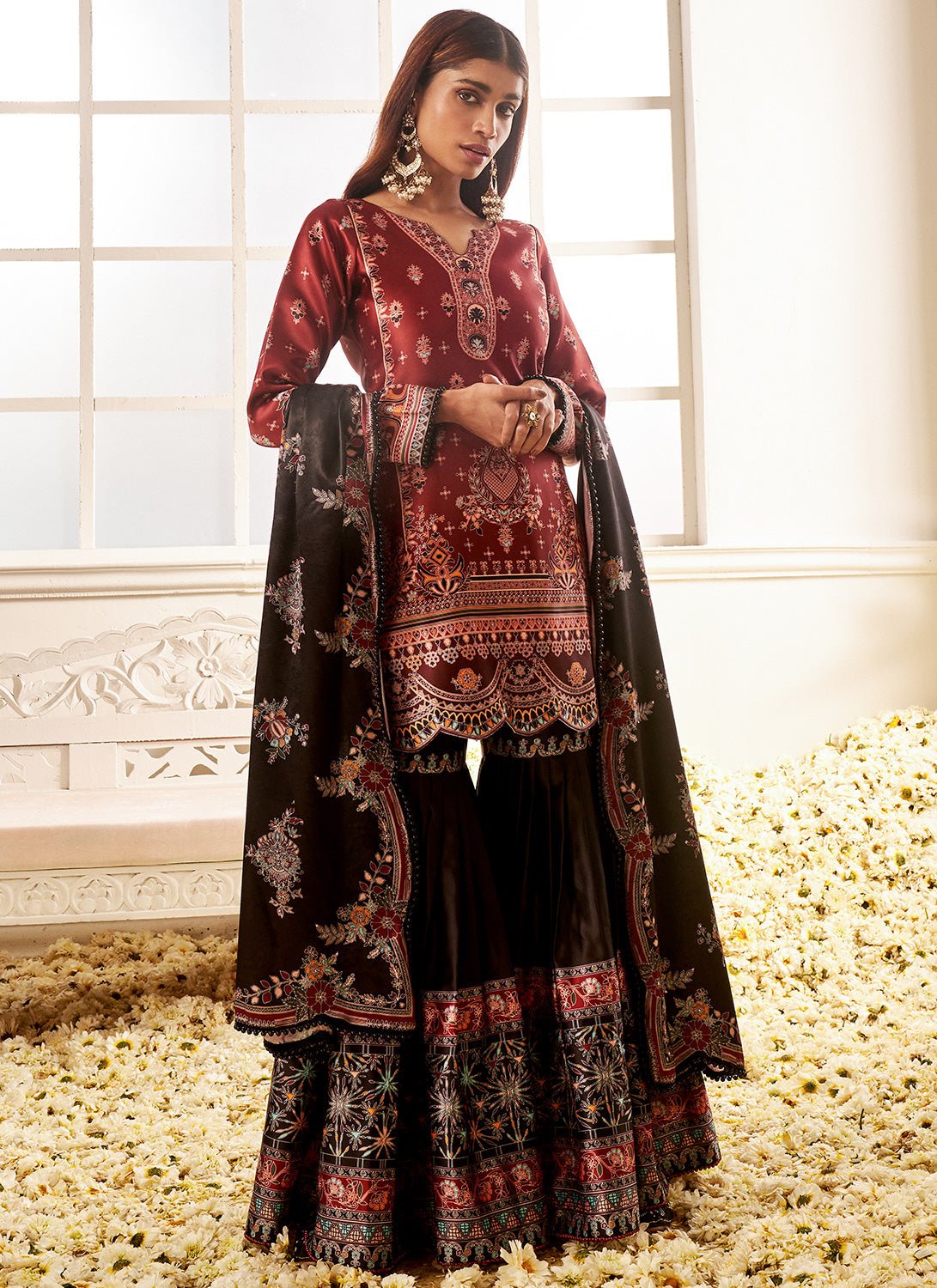 Deep Rust and Black Floral Printed Gharara Suit - Lashkaraa