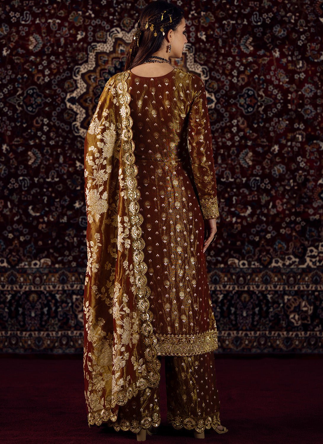 Deep Rust Embroidered Tissue Straight Suit - Lashkaraa