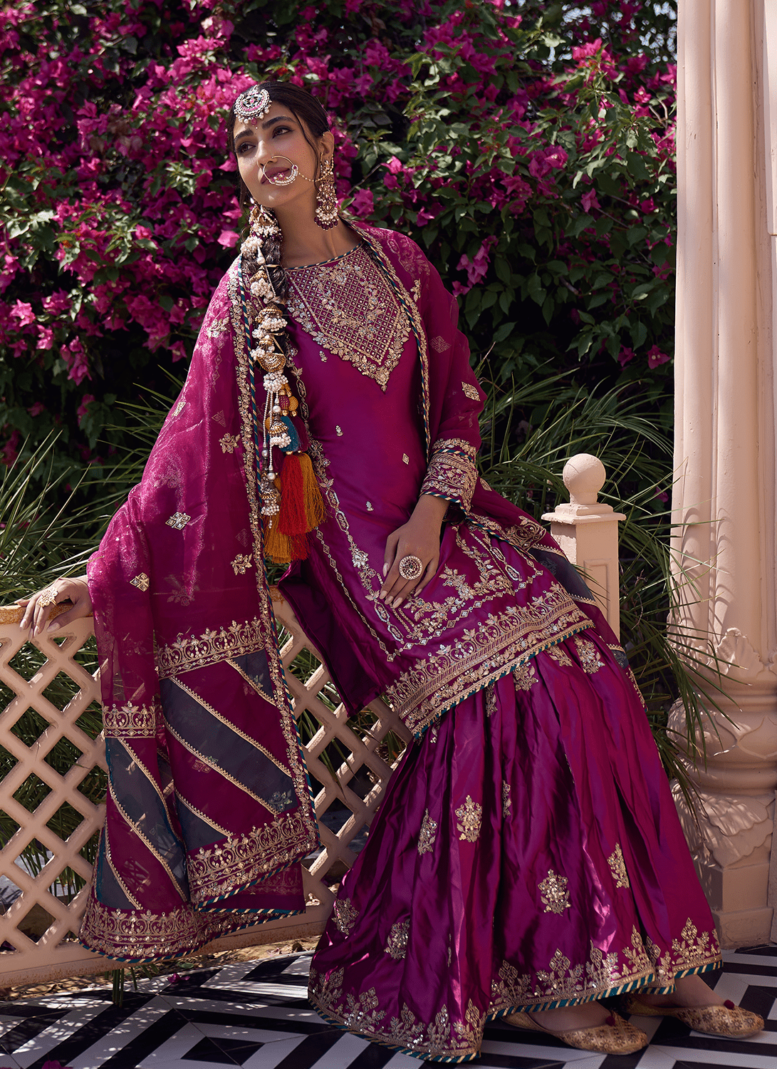 Deep Wine Embroidered Gharara Suit - Lashkaraa