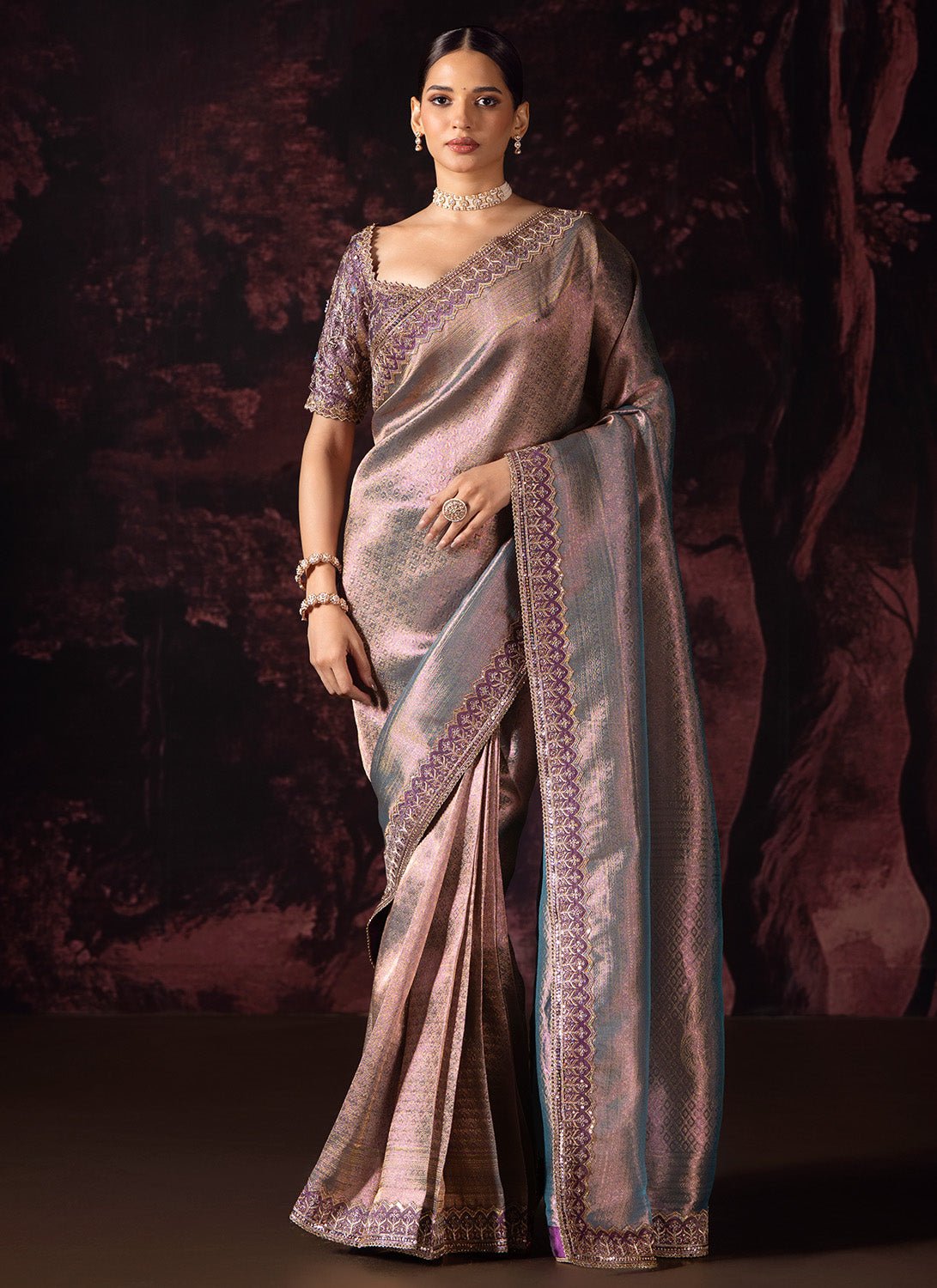 Dusky Purple Embroidered Tissue Saree - Lashkaraa
