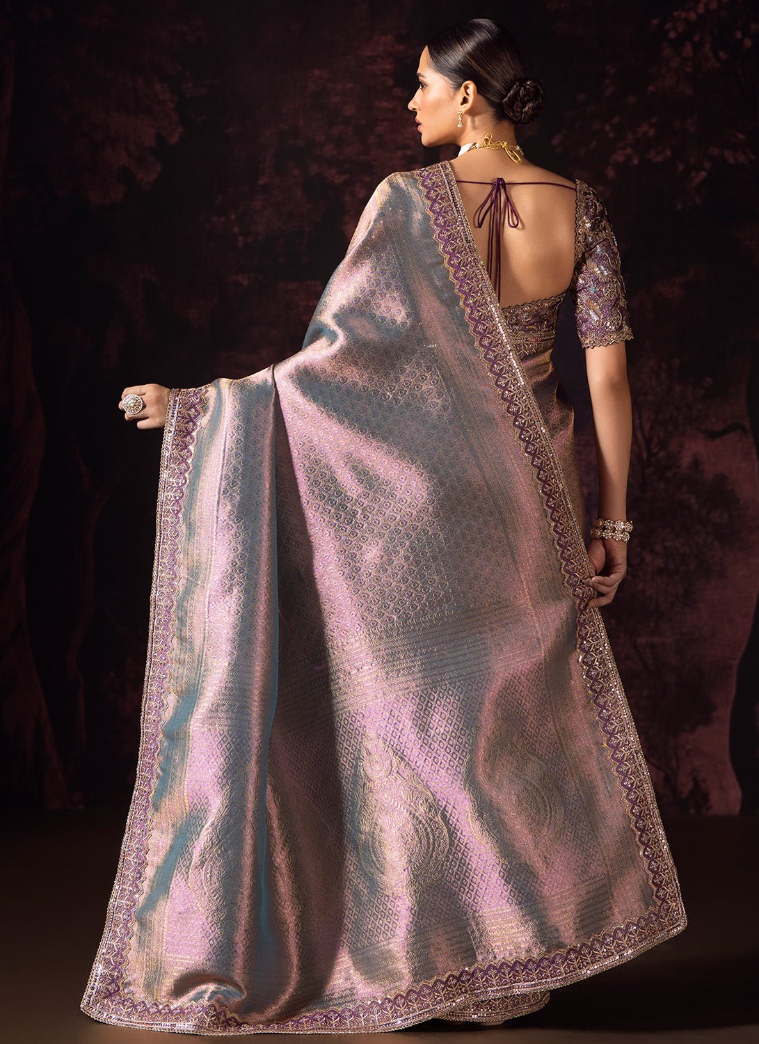 Dusky Purple Embroidered Tissue Saree - Lashkaraa
