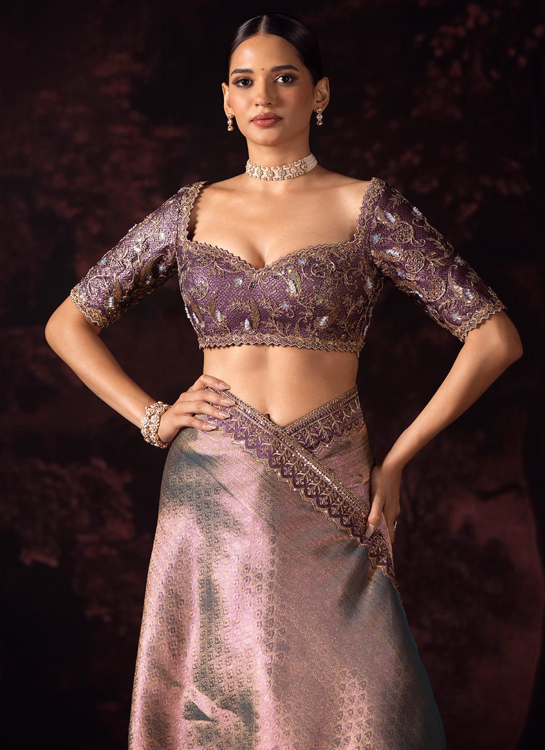 Dusky Purple Embroidered Tissue Saree - Lashkaraa