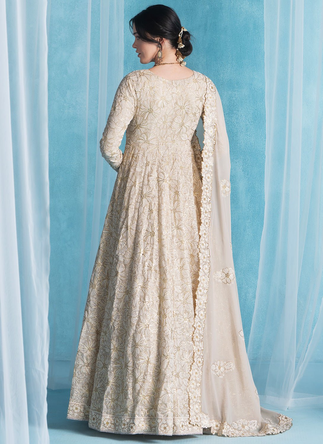 Dusty Beige Embroidered Lucknowi Anarkali - Lashkaraa