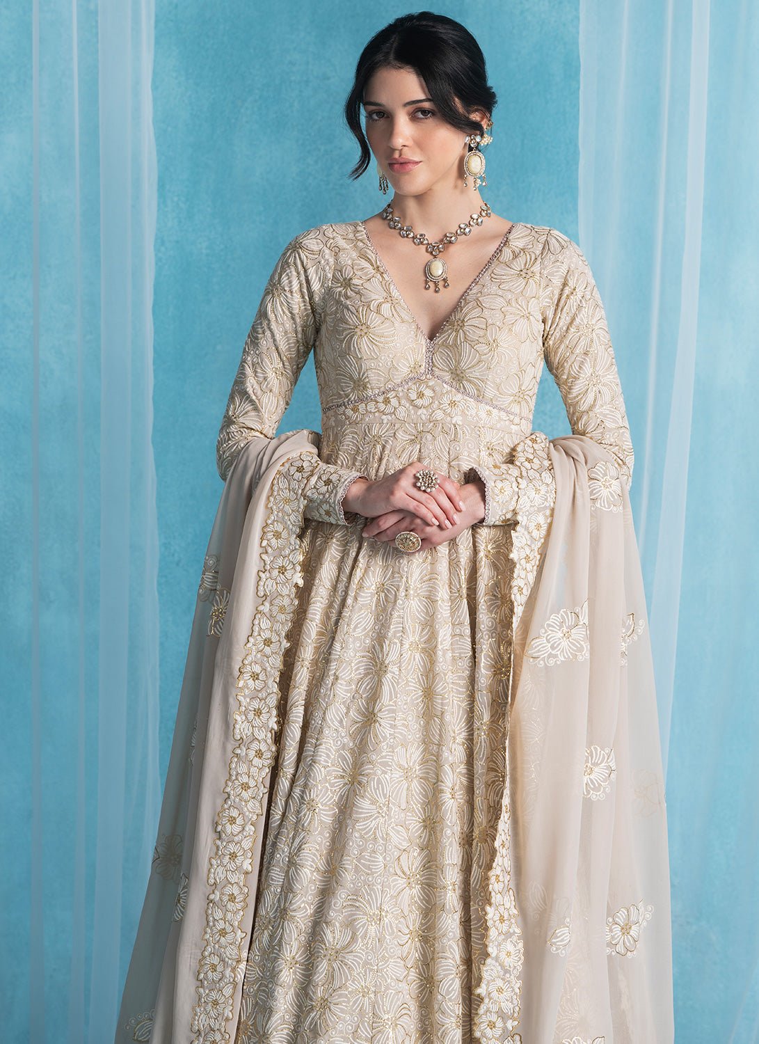 Dusty Beige Embroidered Lucknowi Anarkali - Lashkaraa