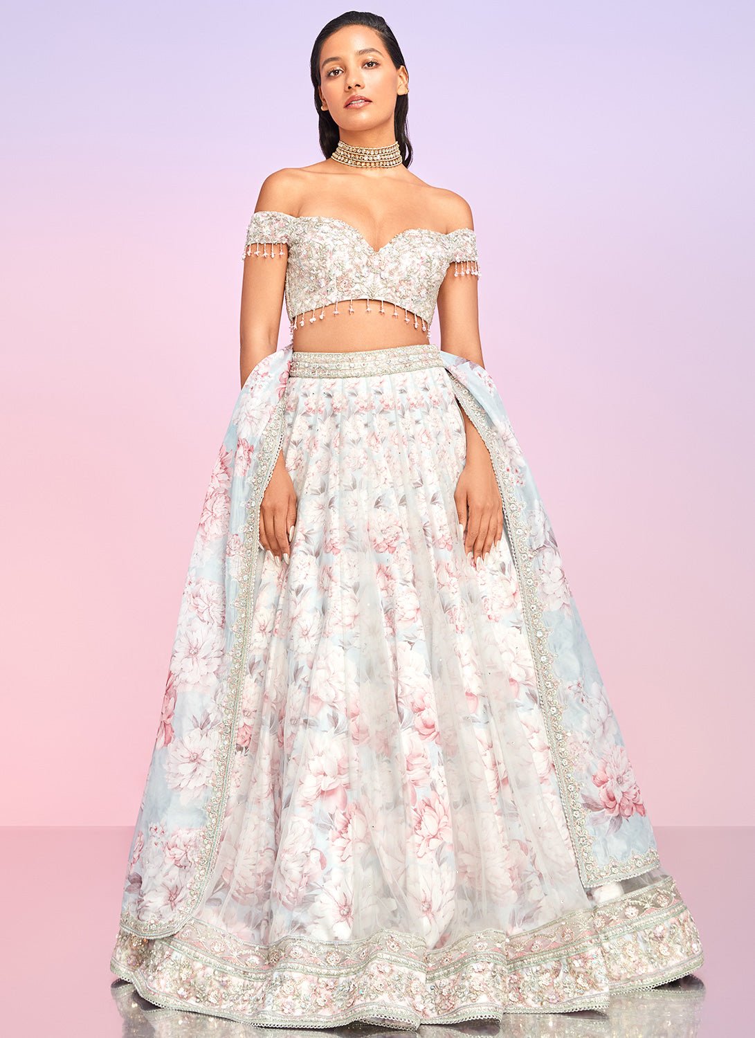 Dusty Blue and Pink Floral Embellished Lehenga - Lashkaraa