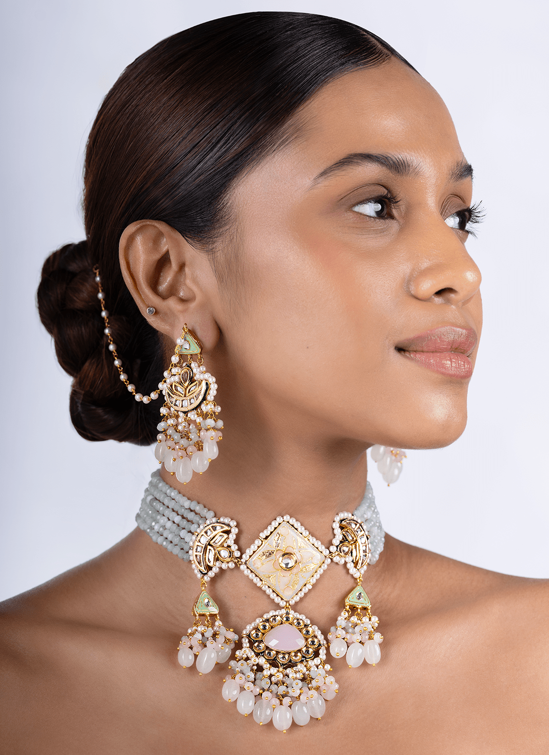 Dusty Blue and Pink Kundan Choker Set - Lashkaraa