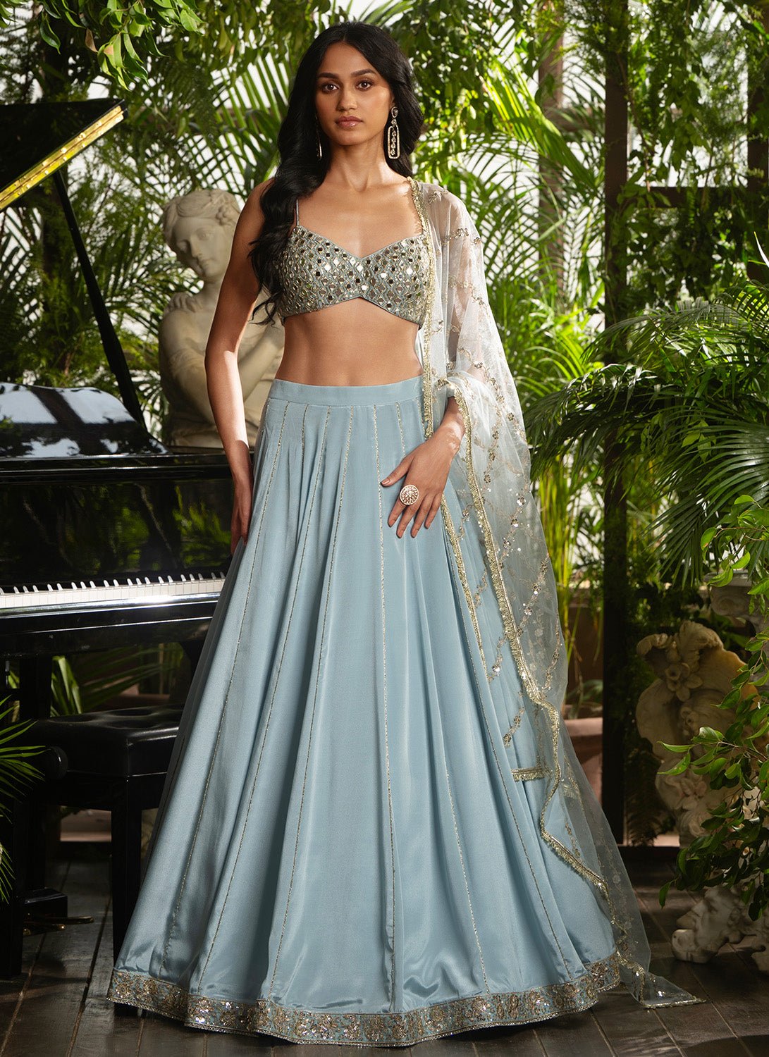Dusty Blue Embroidered Crepe Silk Lehenga - Lashkaraa
