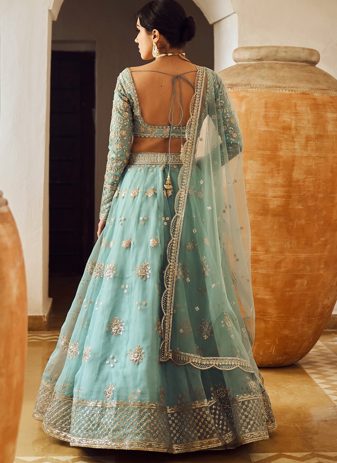 Dusty Blue Embroidered Lehenga - Lashkaraa
