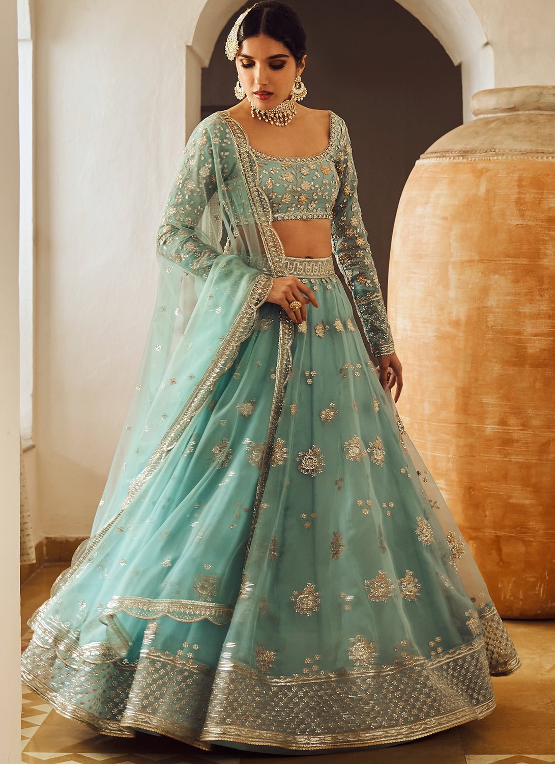 Dusty Blue Embroidered Lehenga - Lashkaraa