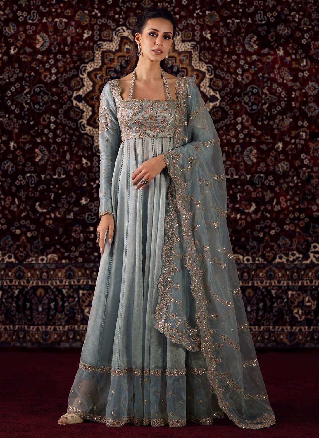 Dusty Blue Embroidered Organza Anarkali XS Dusty Blue Embroidered Organza Anarkali XS