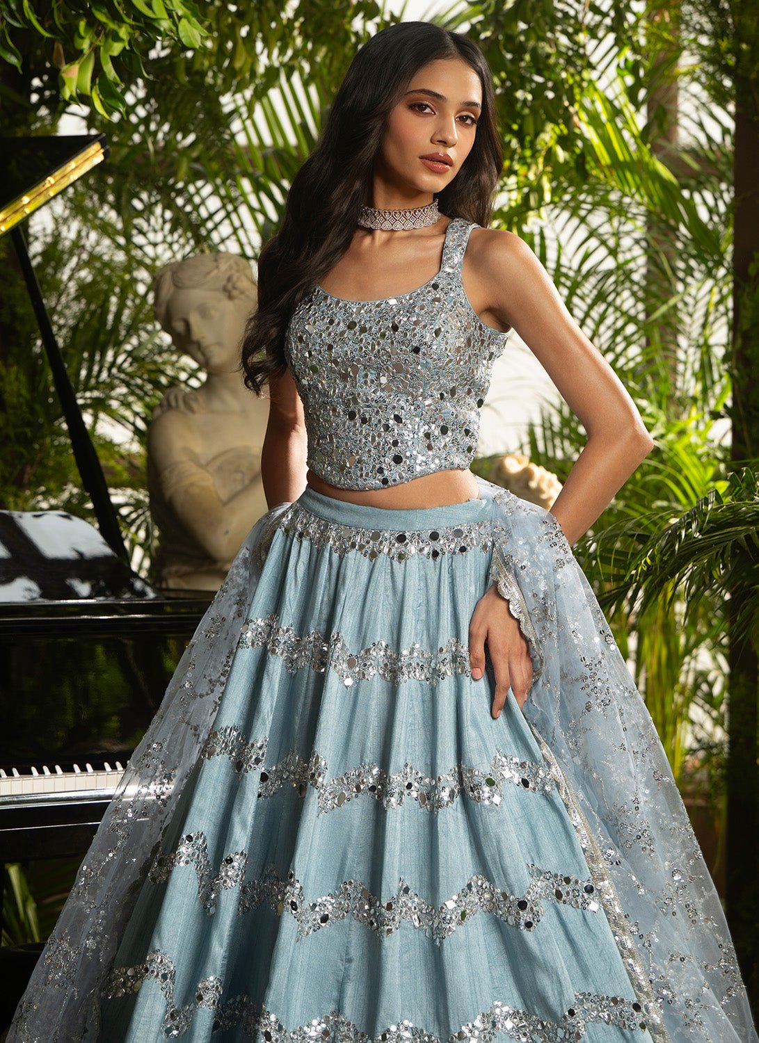 Dusty Blue Embroidered Pure Silk Lehenga - Lashkaraa