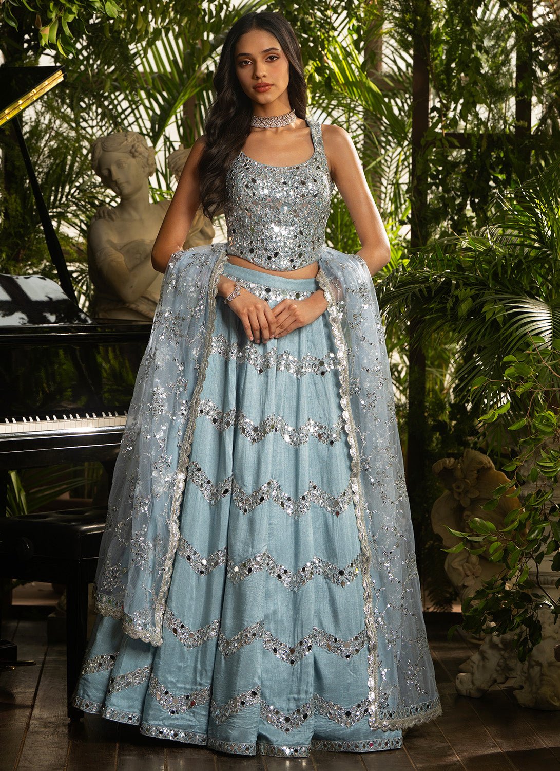 Dusty Blue Embroidered Pure Silk Lehenga - Lashkaraa