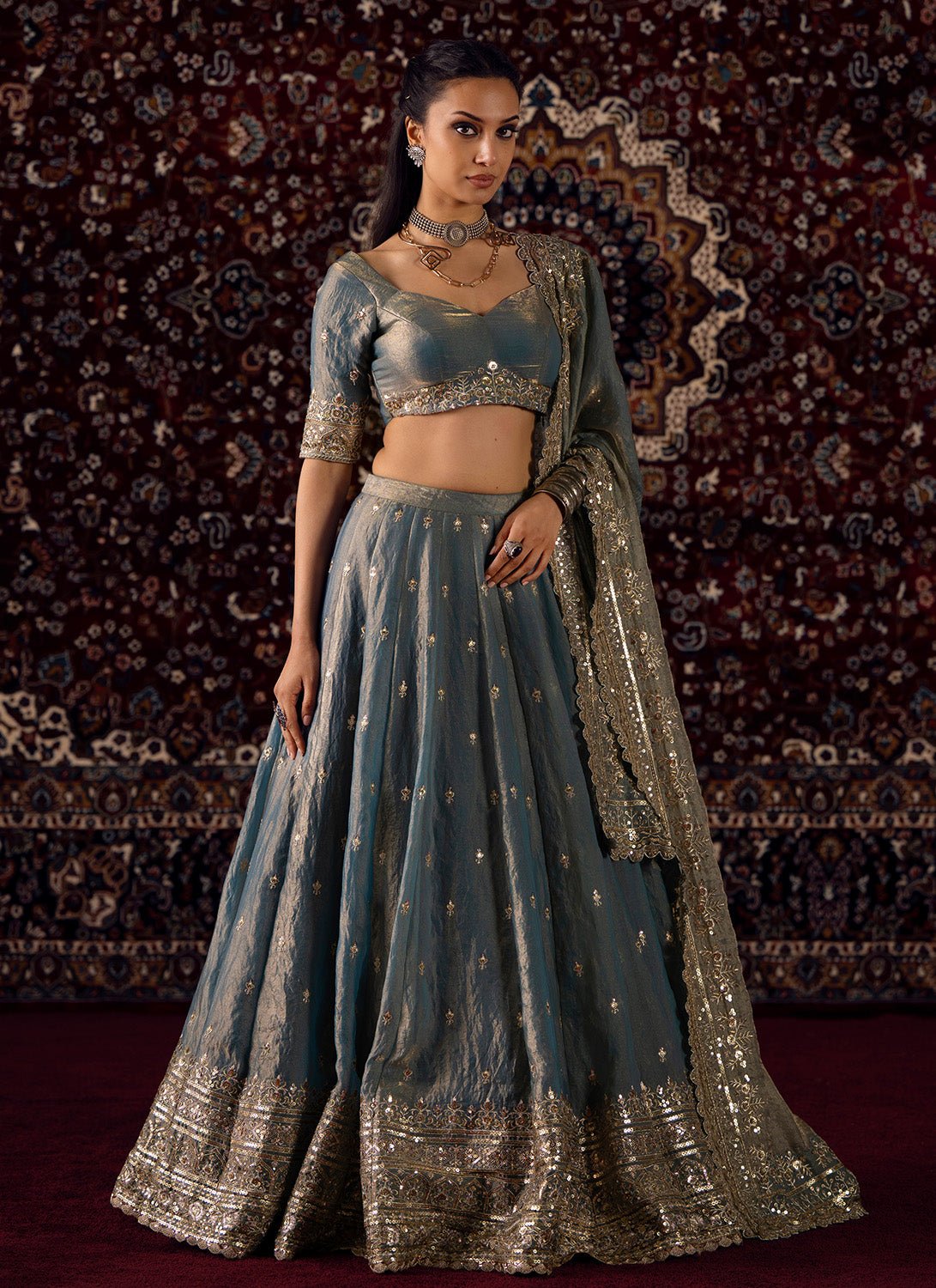 Dusty Blue Embroidered Satin Silk Lehenga - Lashkaraa