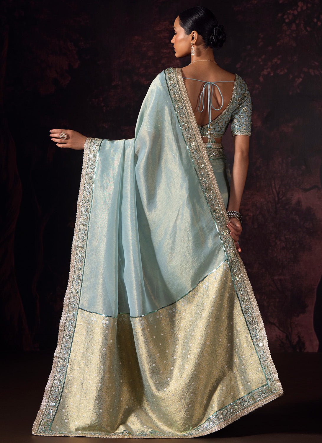Dusty Blue Embroidered Tissue Saree - Lashkaraa