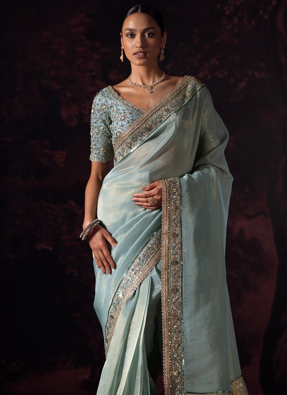 Dusty Blue Embroidered Tissue Saree - Lashkaraa