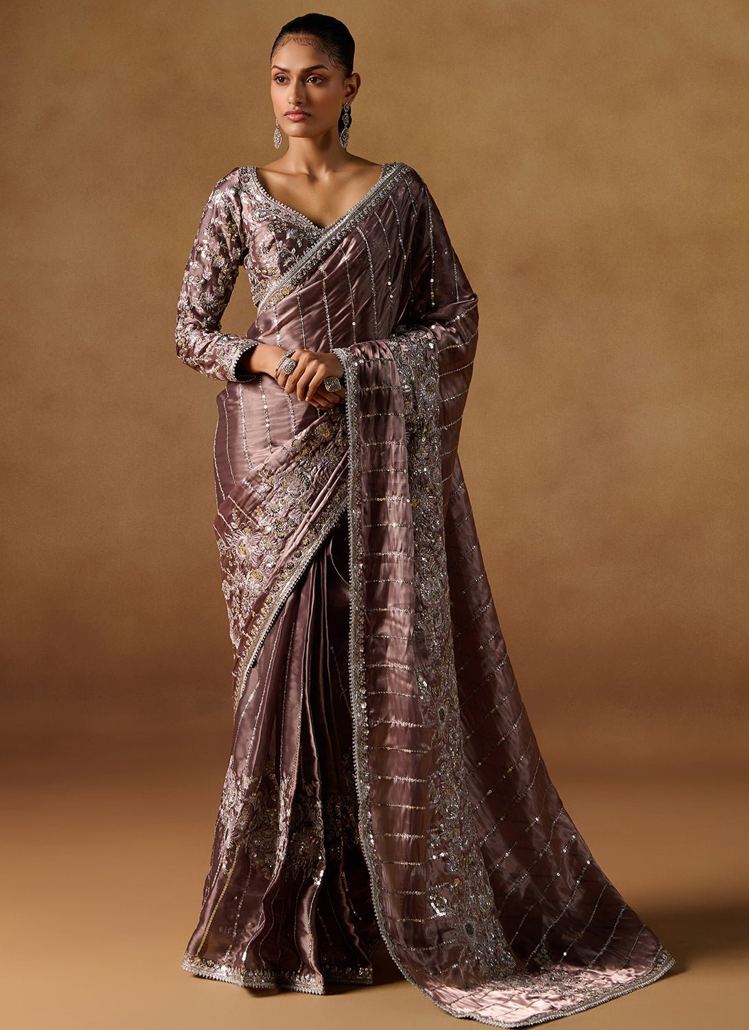 Dusty Brown Embroidered Tissue Saree - Lashkaraa