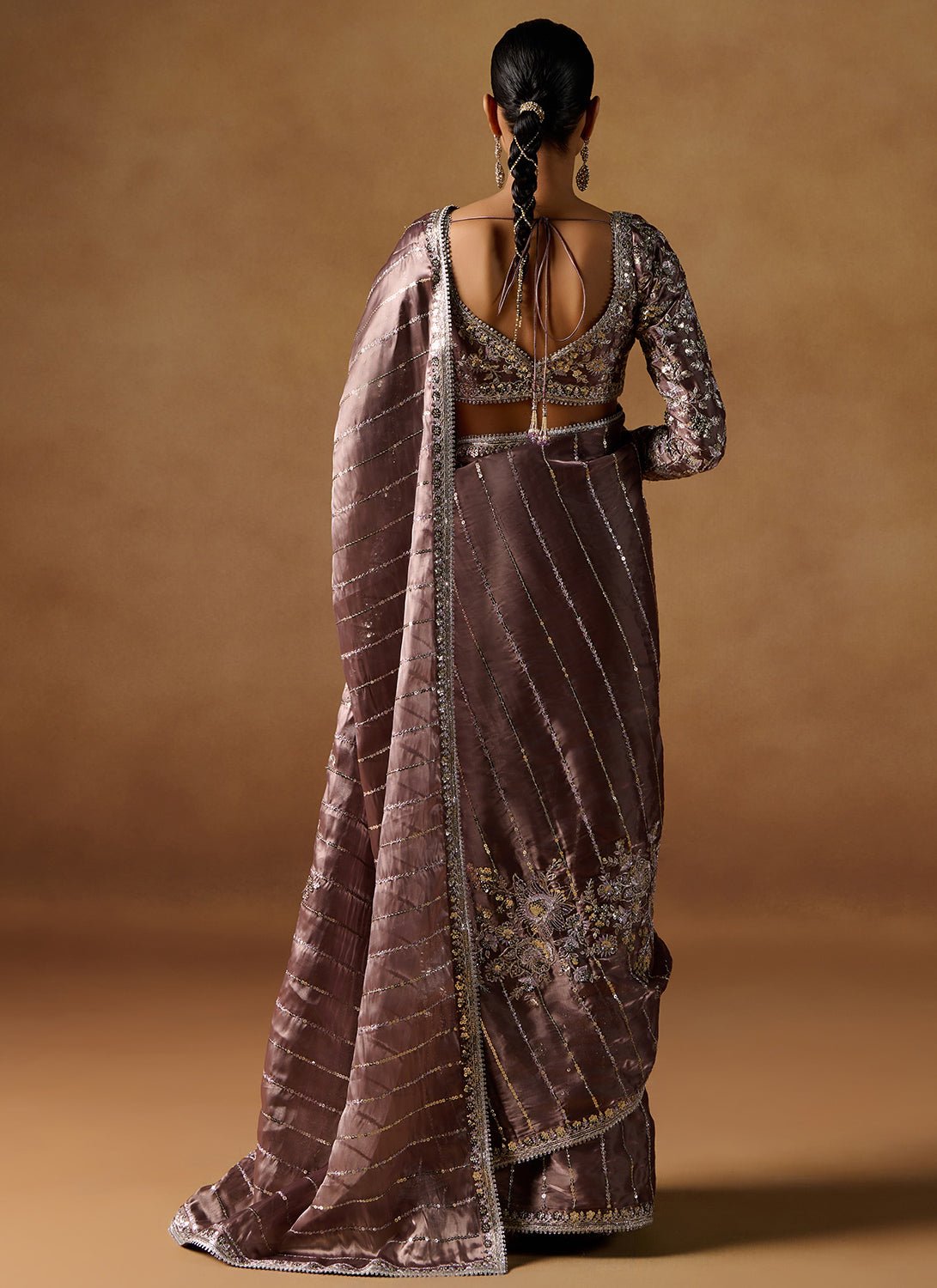 Dusty Brown Embroidered Tissue Saree - Lashkaraa