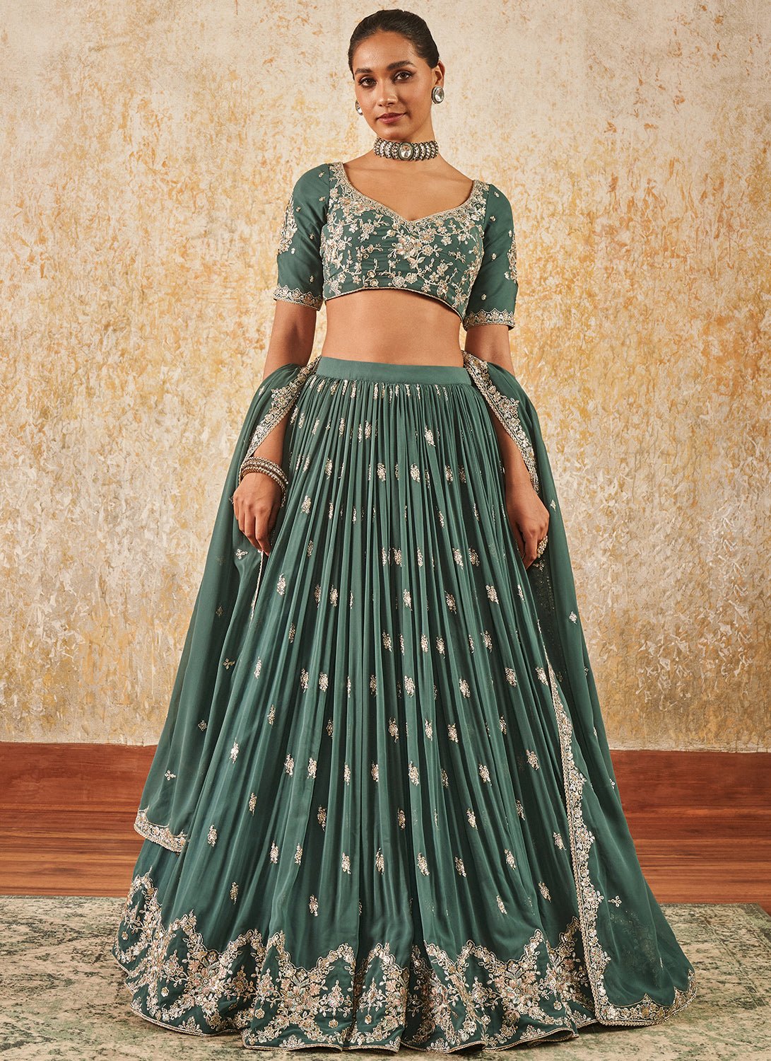 Dusty Green Embroidered Lehenga - Lashkaraa