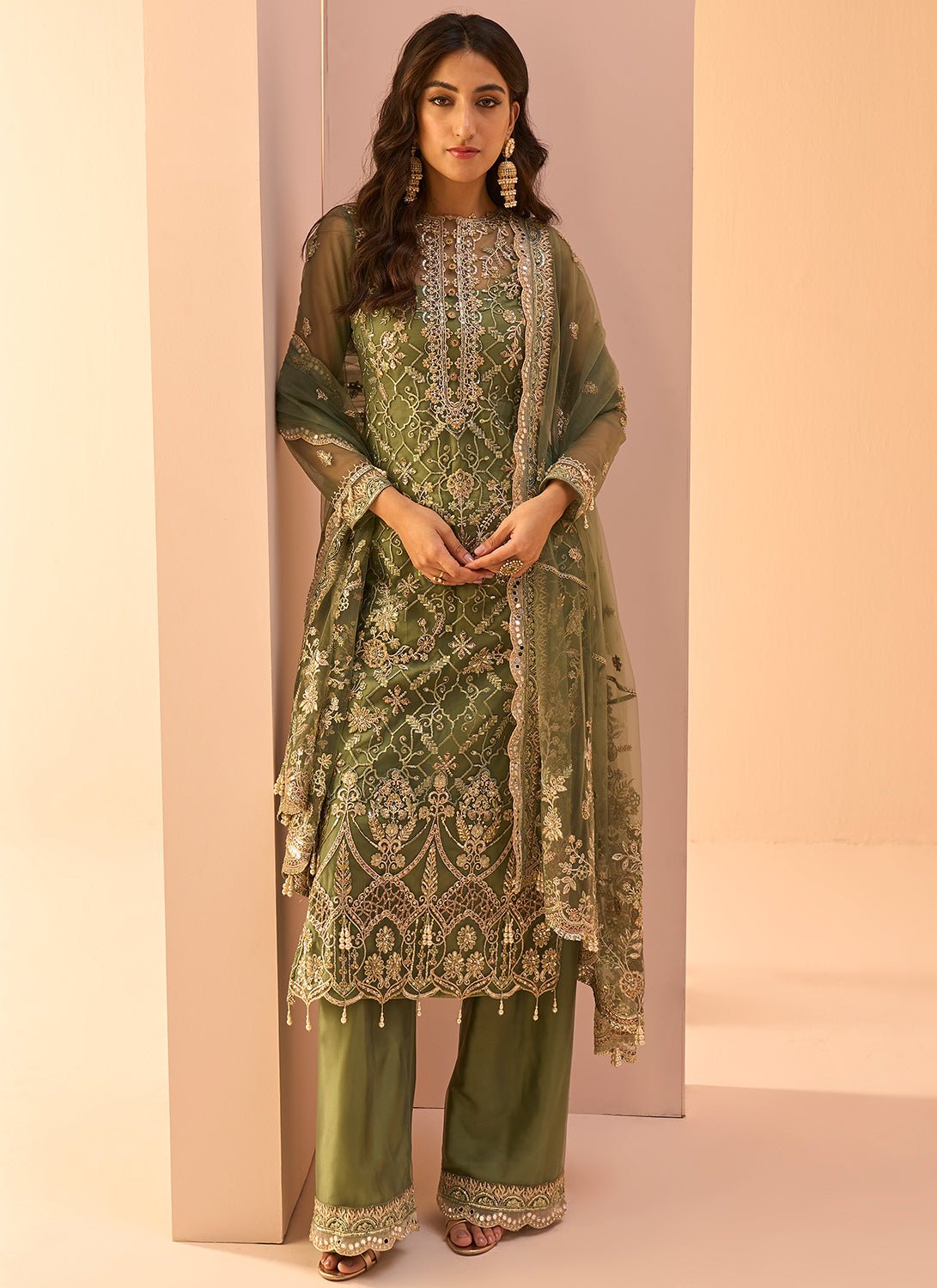 Dusty Green Embroidered Palazzo Suit - Lashkaraa