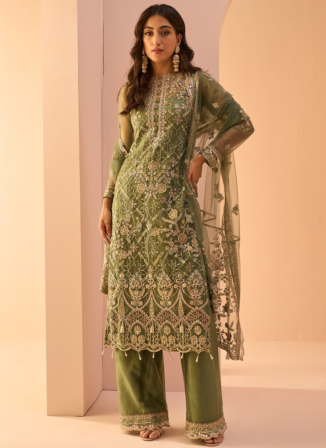 Dusty Green Embroidered Palazzo Suit - Lashkaraa