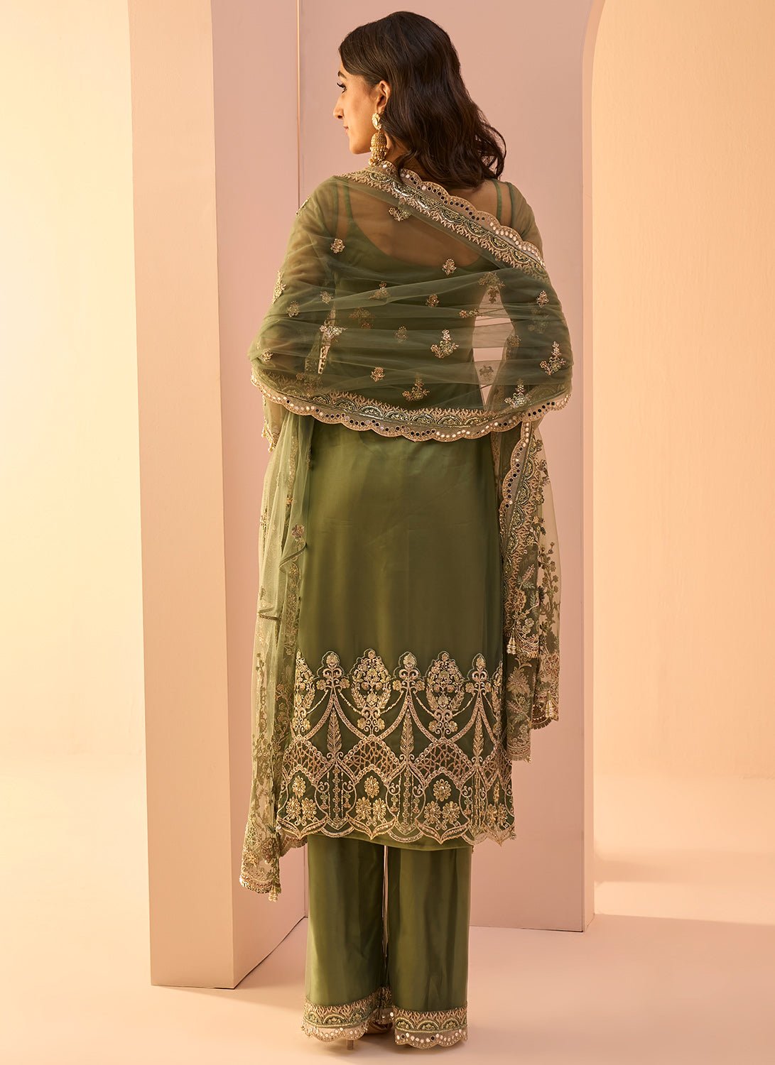 Dusty Green Embroidered Palazzo Suit - Lashkaraa