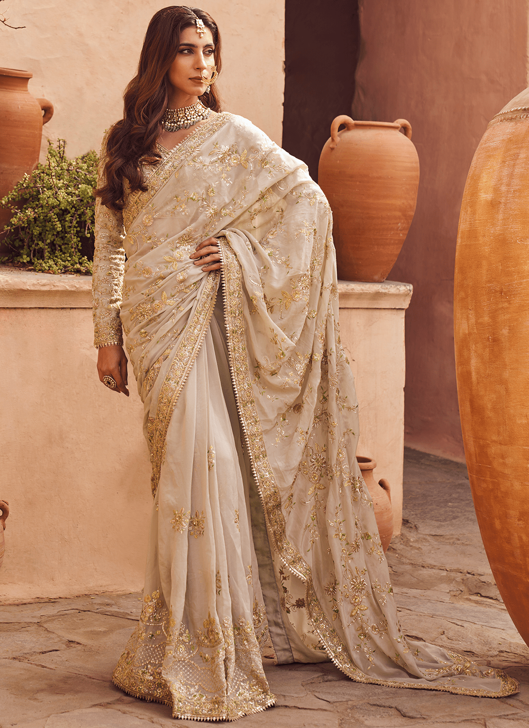 Dusty Green Embroidered Saree - Lashkaraa