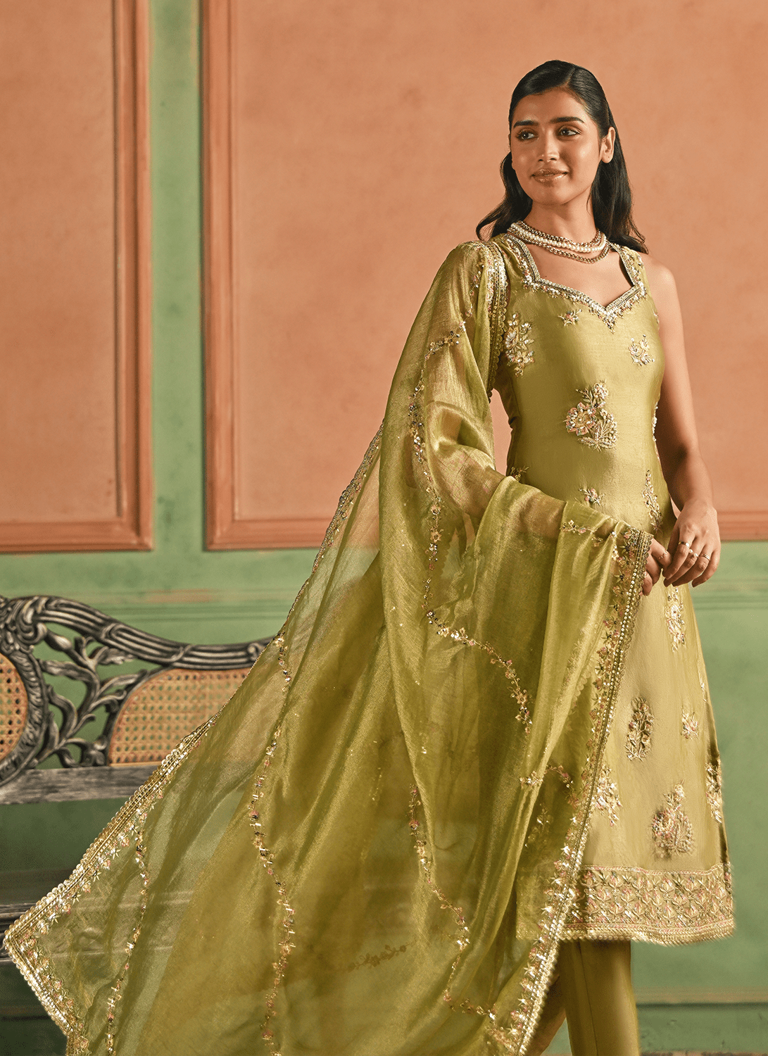 Dusty Green Embroidered Satin Straight Suit - Lashkaraa