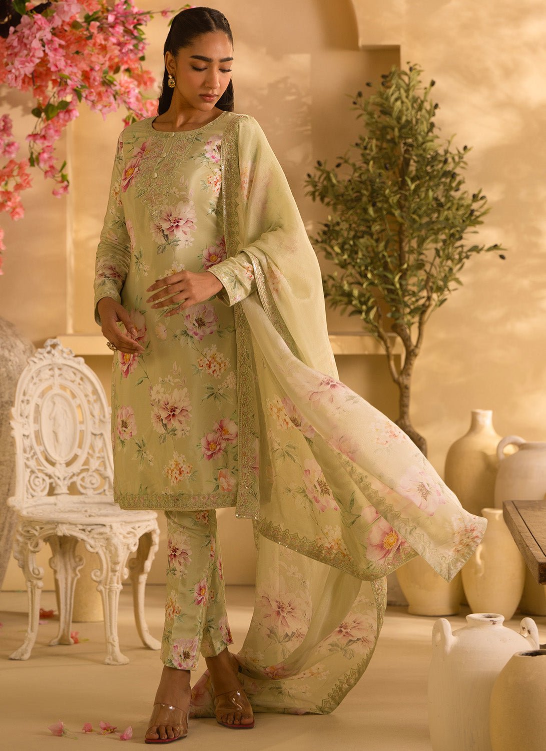 Dusty Green Floral Embroidered Crepe Silk Pant Suit - Lashkaraa