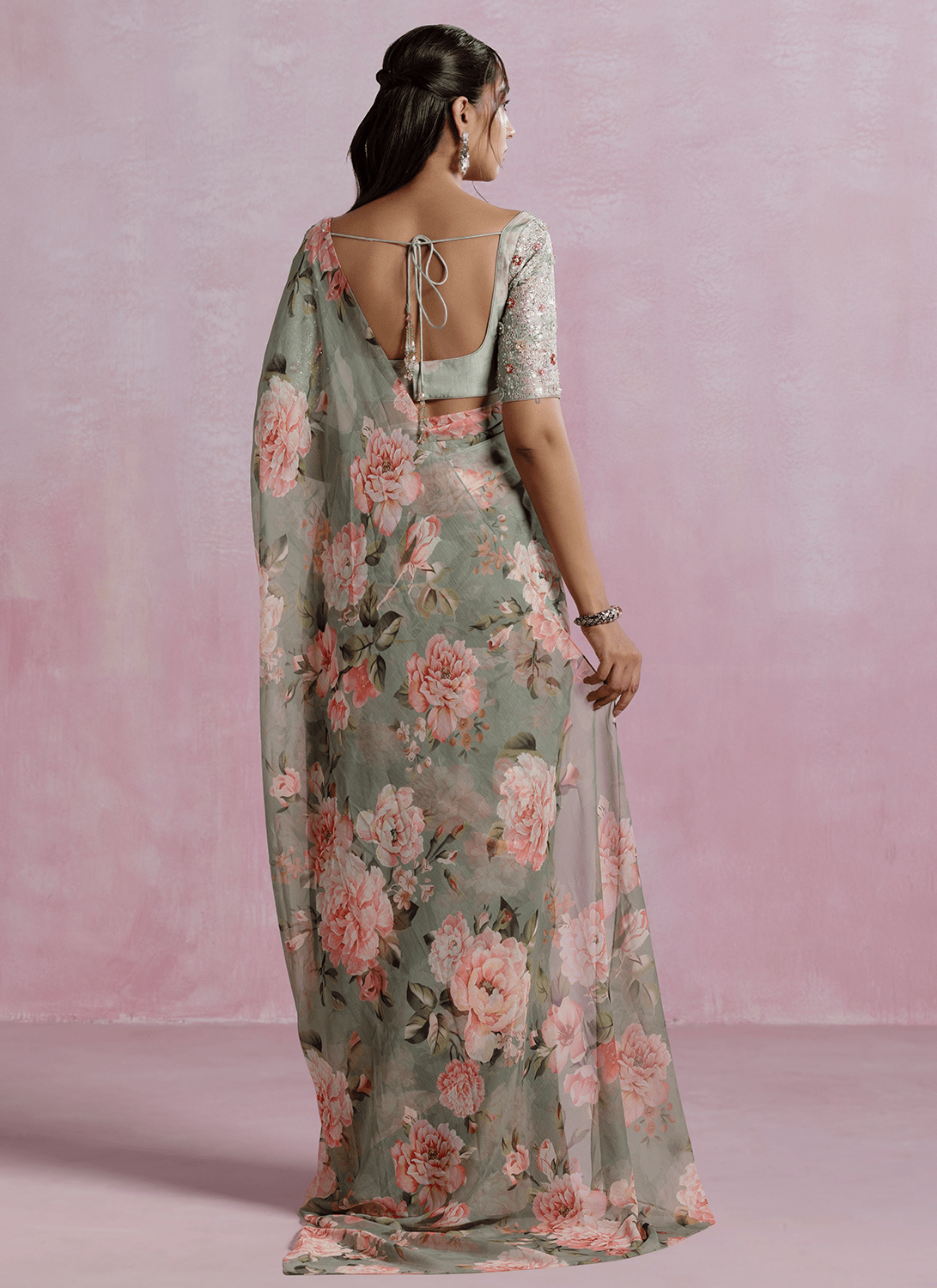 Dusty Green Floral Printed Chiffon Saree - Lashkaraa