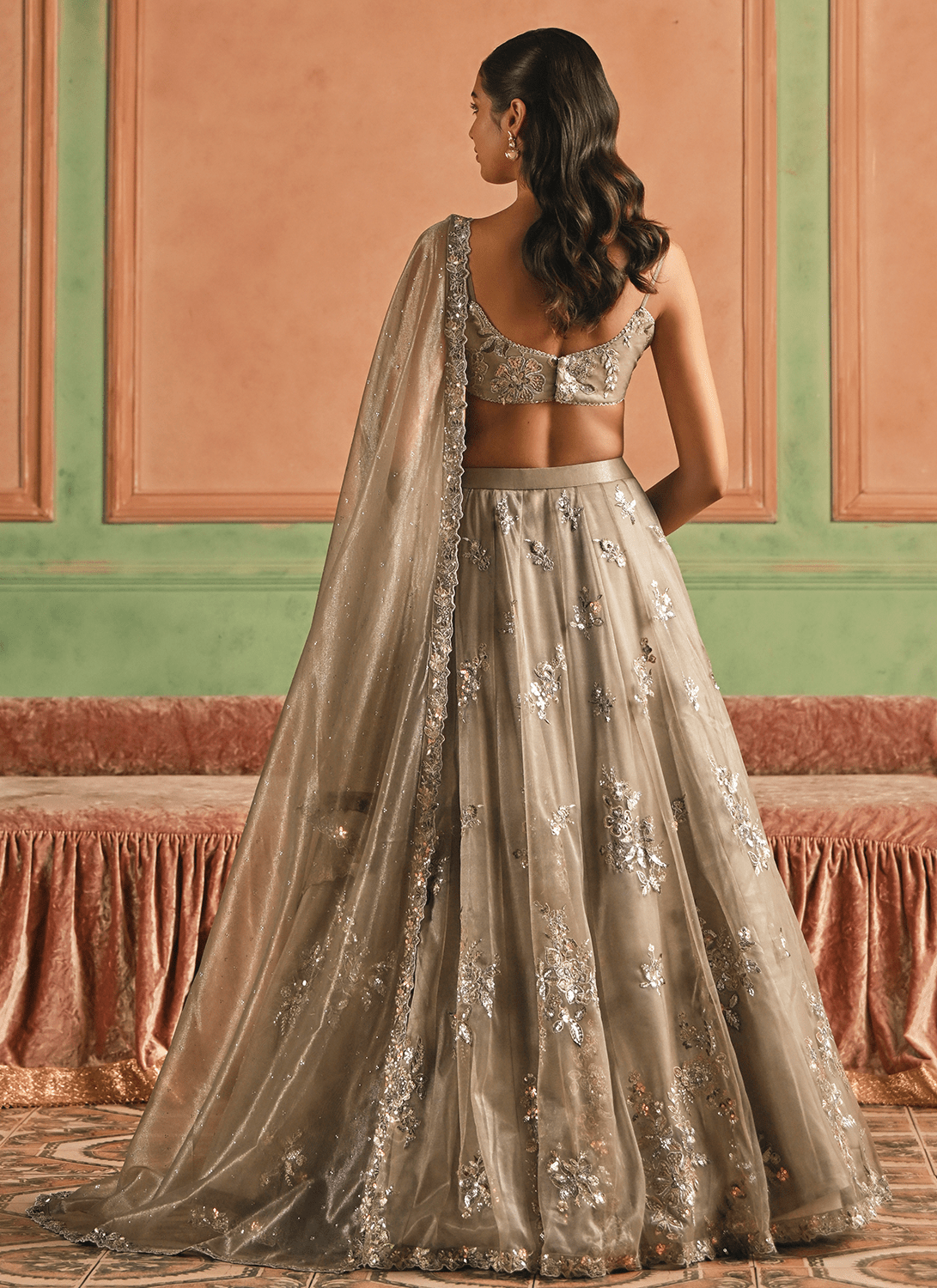 Dusty Grey Embroidered Net Lehenga - Lashkaraa