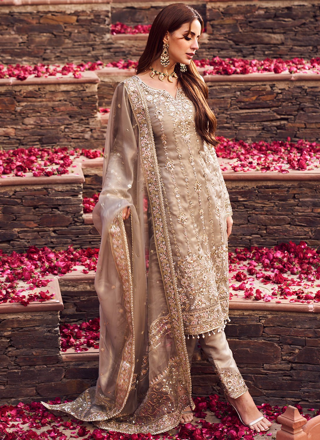 Dusty Grey Embroidered Straight Suit - Lashkaraa